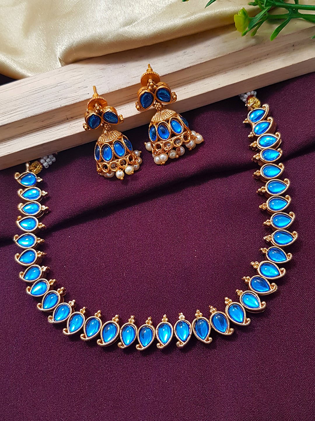 

GRIIHAM Gold-Plated Blue and Pink AD stones Studded Reversible Jewellery Set