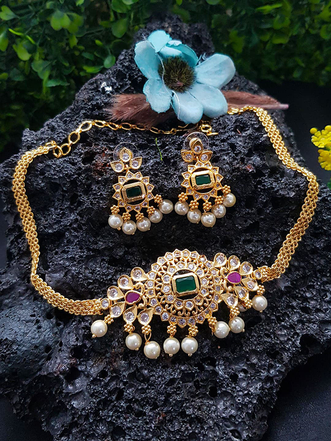 

GRIIHAM Gold-Plated White & Green CZ-Studded & Pearl Beaded Jewellery Set