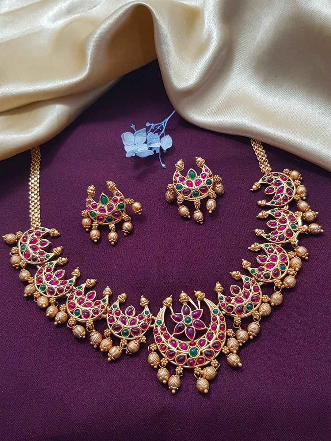 

GRIIHAM Gold-Plated Magenta-Pink AD-Studded Antique Jewellery Set