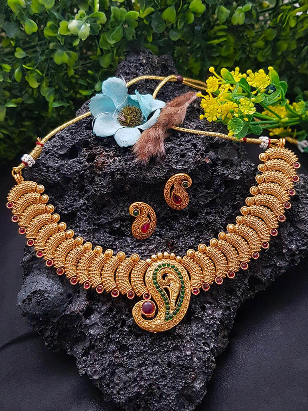 

GRIIHAM Gold-Plated Green AD-Studded Jewellery Set