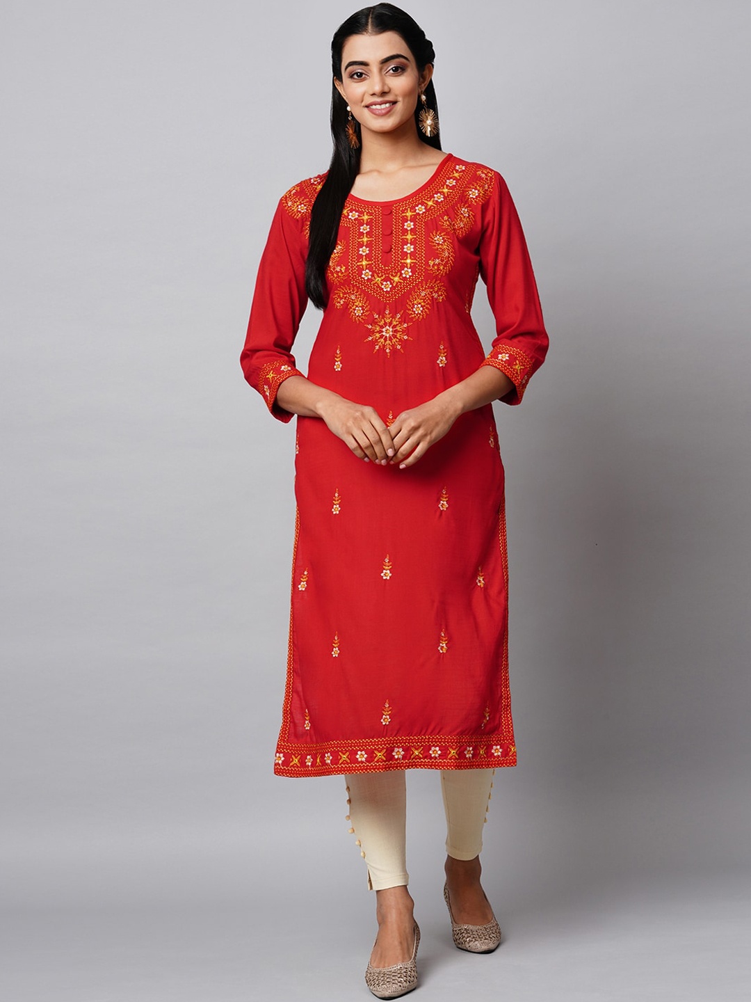 

INDYES Women Red Ethnic Motifs Yoke Design Straight Kurta