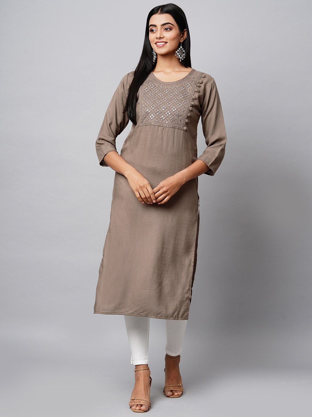 

INDYES Women Grey Yoke Design Embroidered Straight Kurta