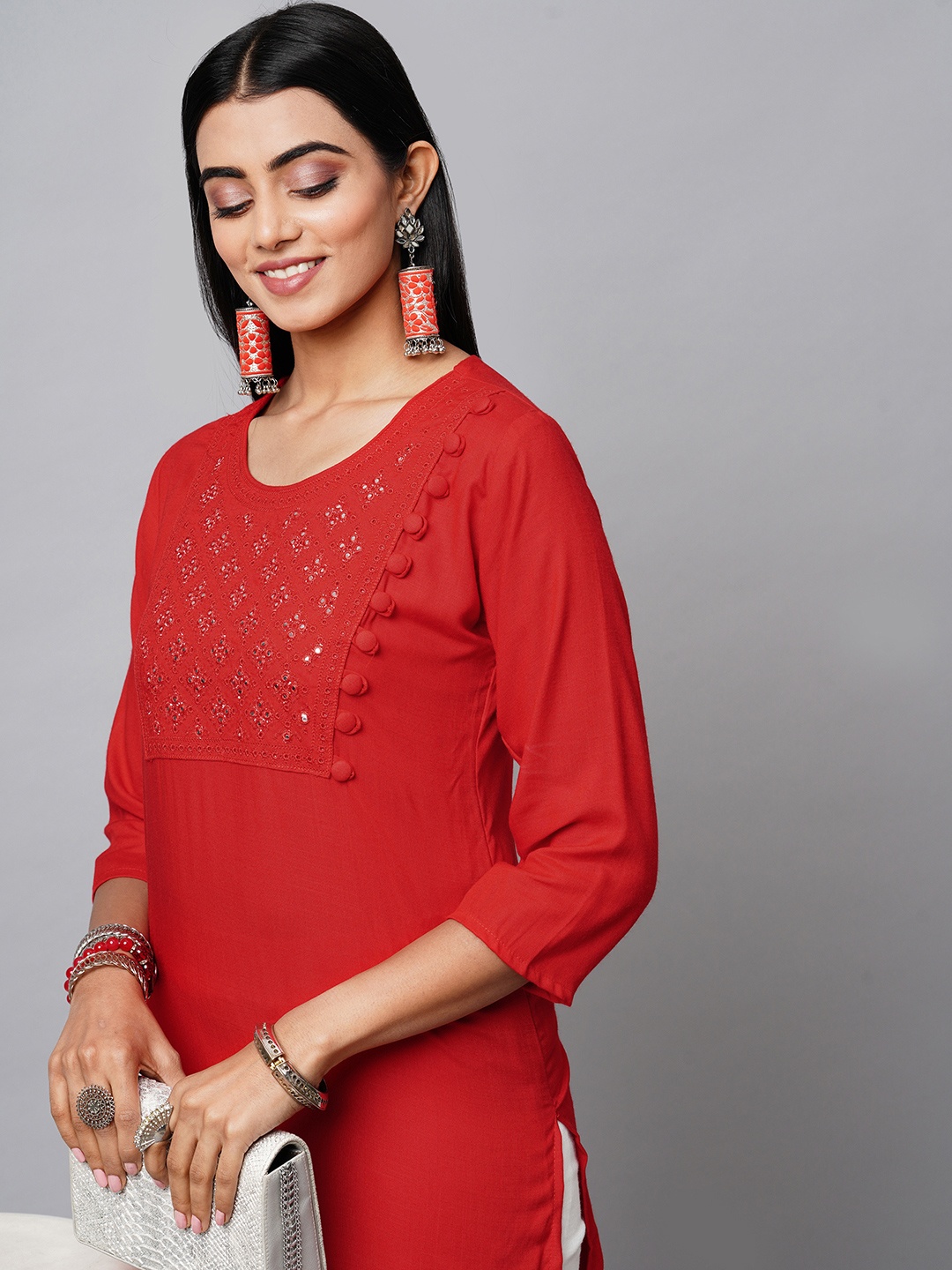 

INDYES Women Red Yoke Design Embroidered Viscose Rayon Kurta