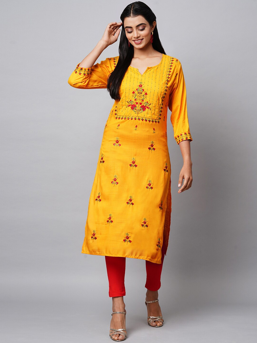 

INDYES Women Yellow Floral Embroidered Straight Kurta