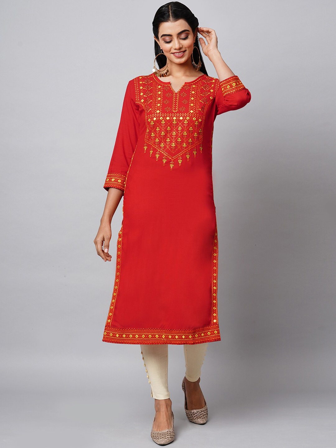 

INDYES Women Red Floral Printed Thread Work Embroidered Kurta