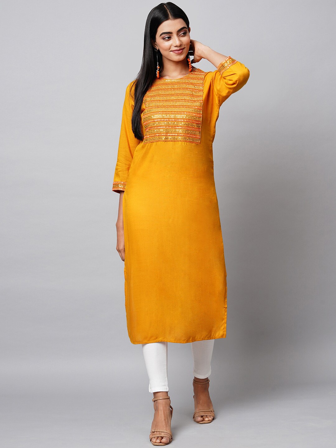

INDYES Women Mustard Yellow Sequence Rayon Kurta