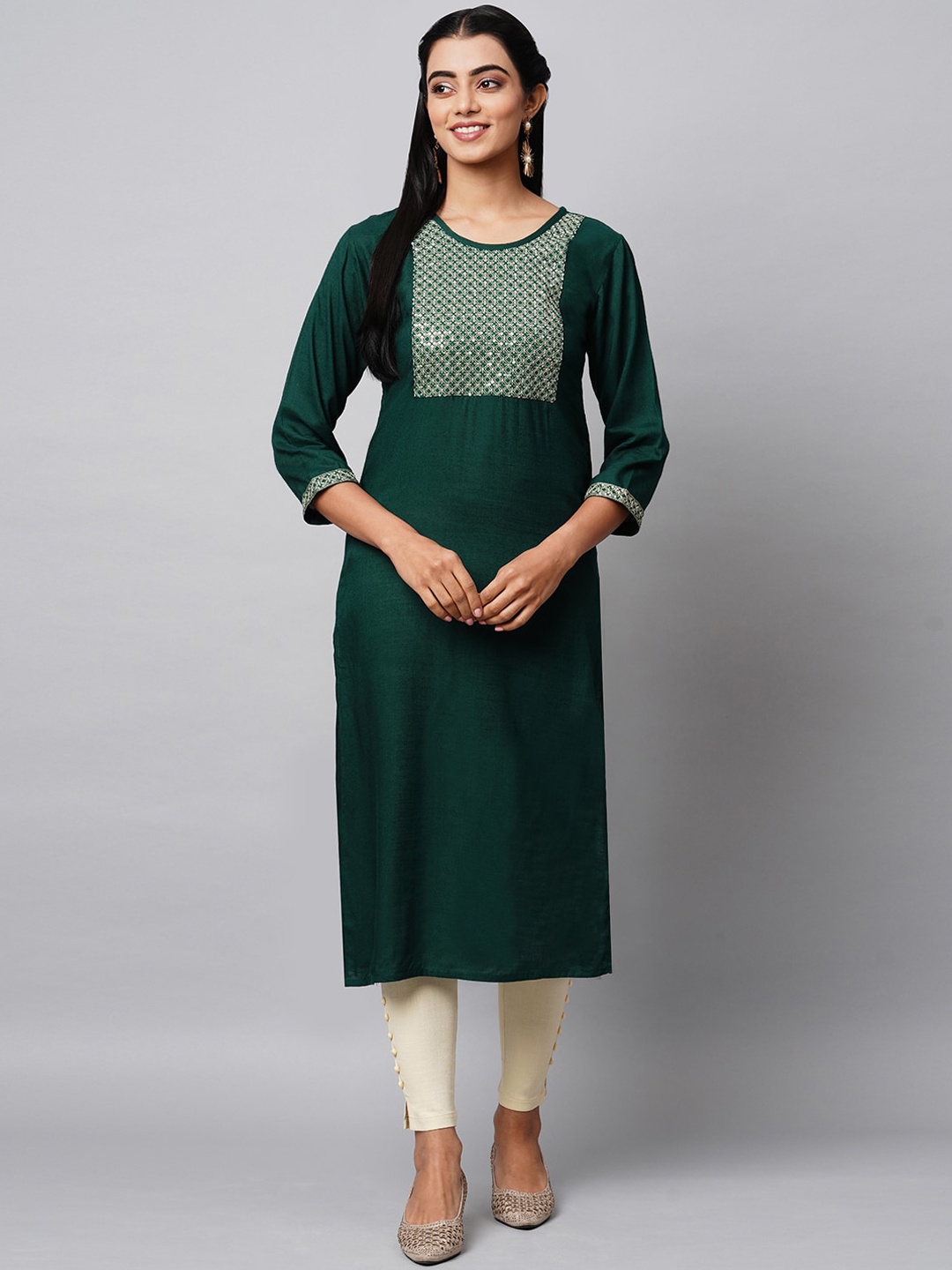 

INDYES Women Green Sequence Work Straight Kurta