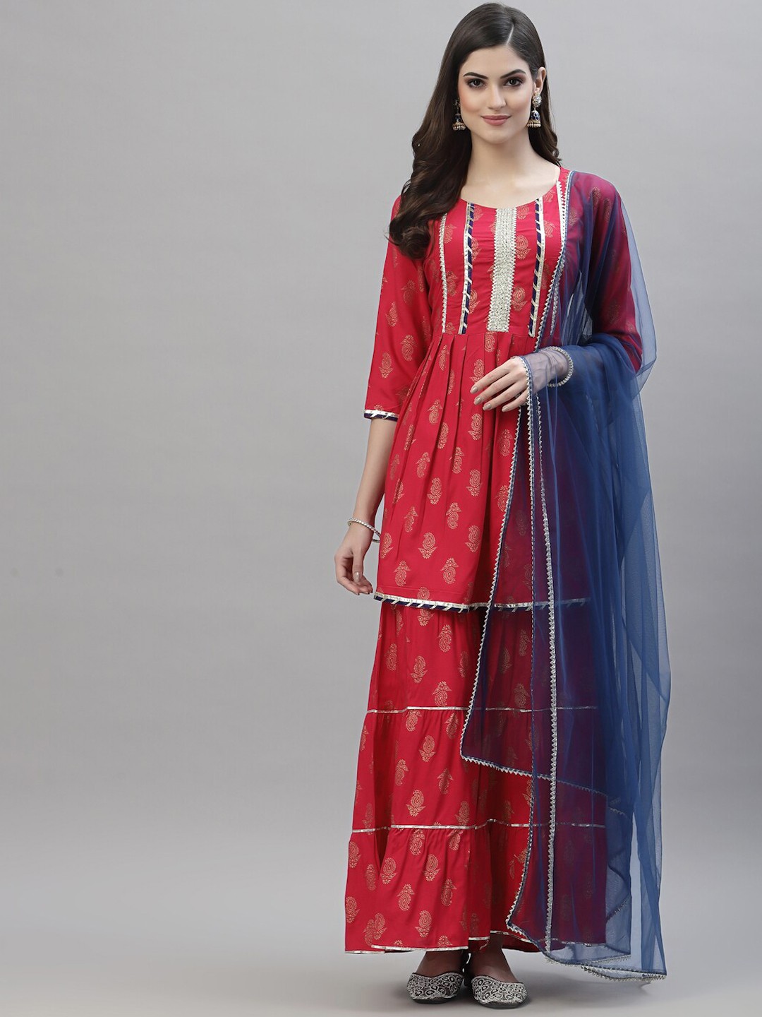 

Stylum Women Pink Ethnic Motifs Printed Empire Kurti with Sharara & With Dupatta