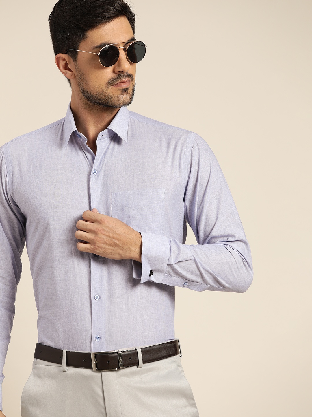 

Hancock Men Blue Solid Slim Fit French Cuff Pure Cotton Formal Shirt