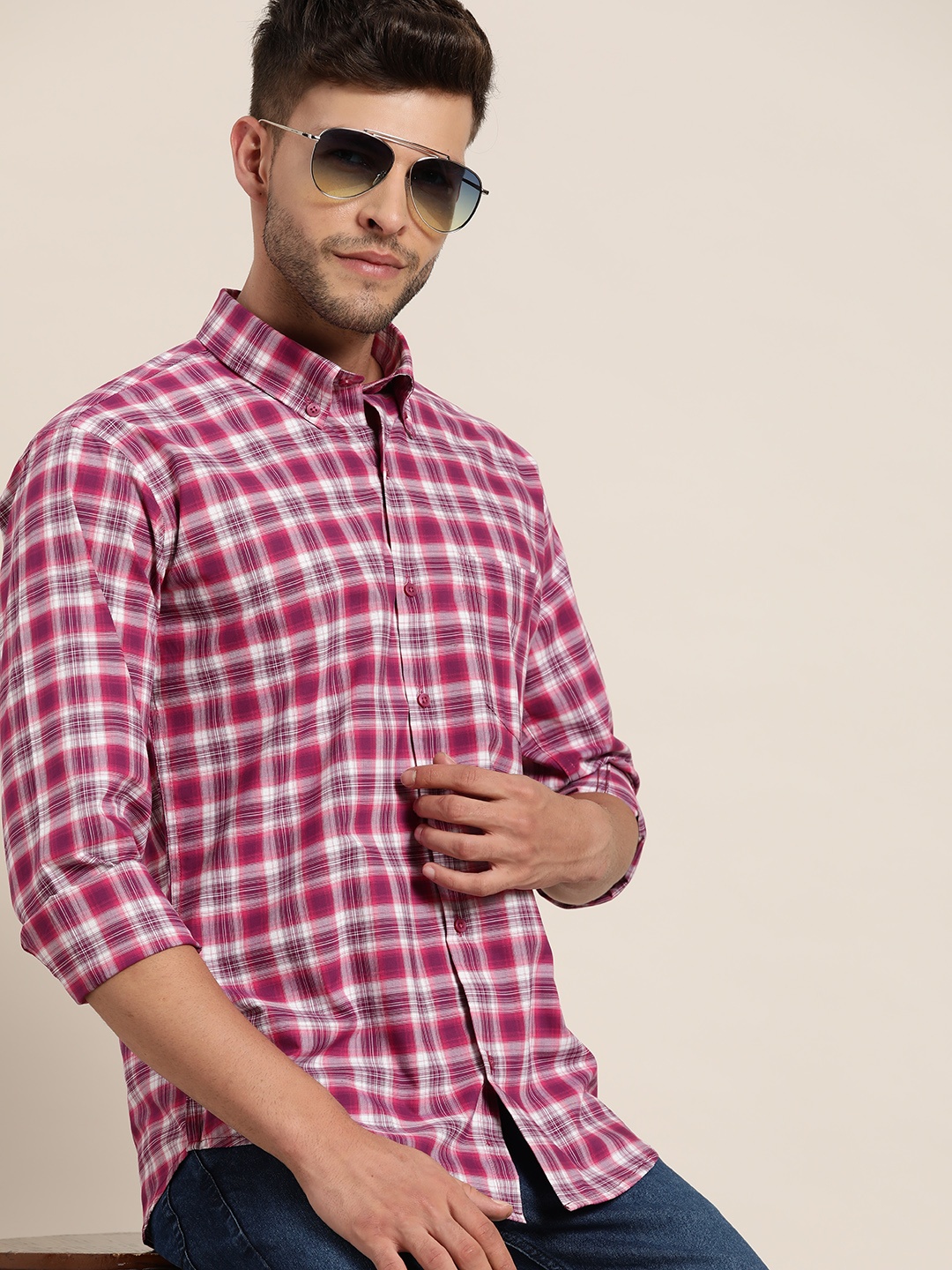 

Hancock Men Magenta Slim Fit Tartan Checks Checked Casual Shirt