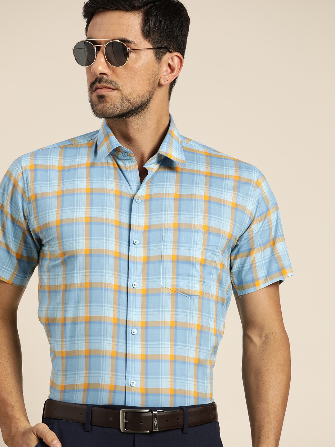 

Hancock Men Blue & Yellow Slim Fit Pure Cotton Checked Formal Shirt
