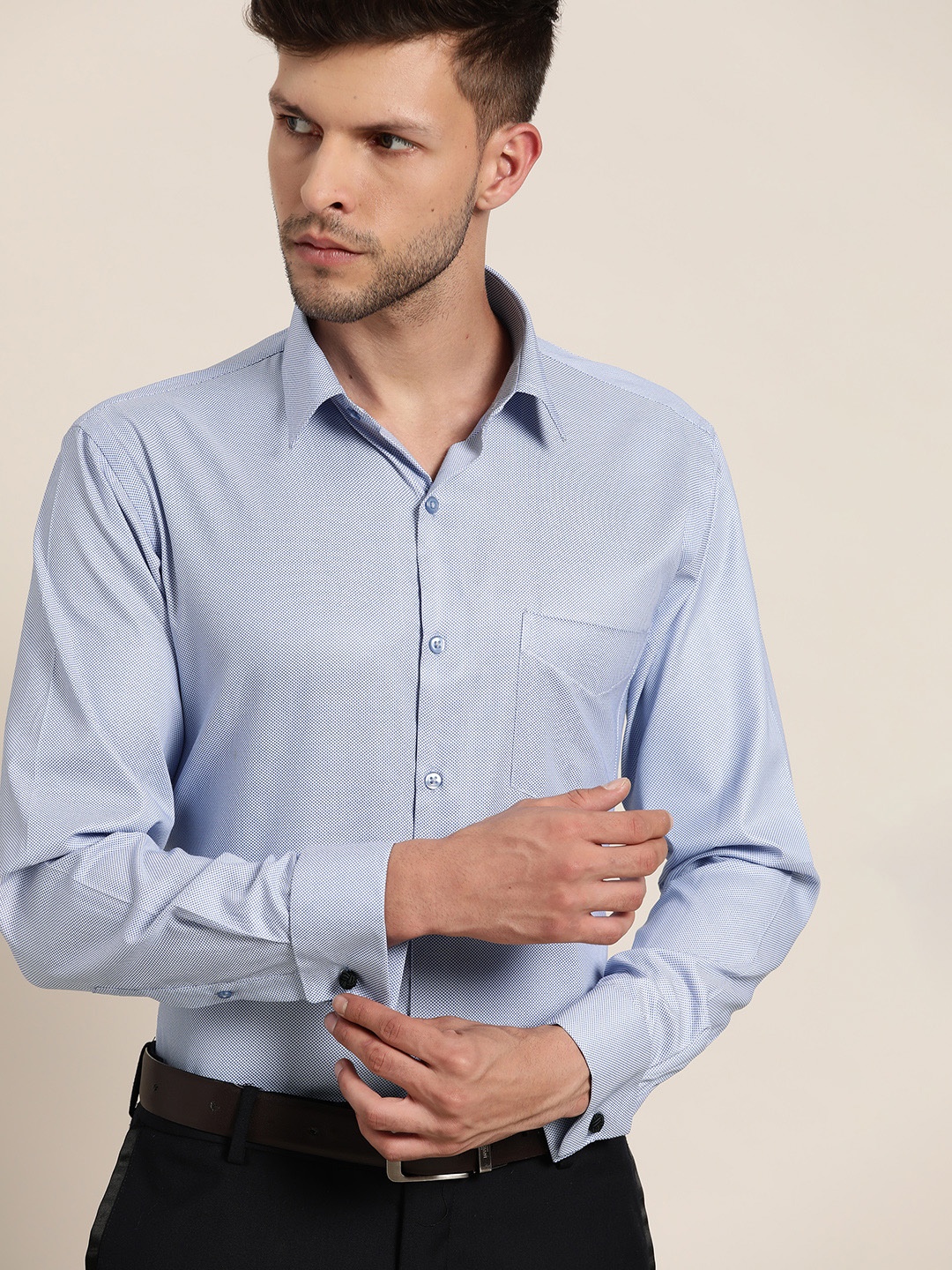 

Hancock Men Blue Self Design French Cuff Slim Fit Formal Shirt