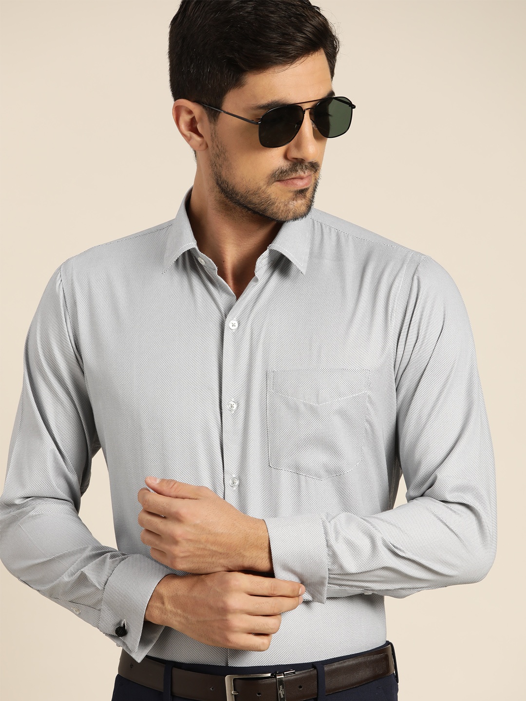 

Hancock Men Grey Self-Design Slim Fit French Cuff Formal Shirt