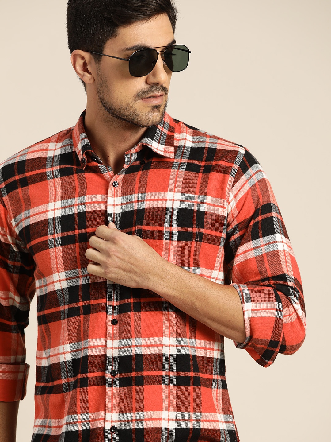 

Hancock Men Red & Black Tartan Checked Pure Cotton Slim Fit Flannel Casual Shirt