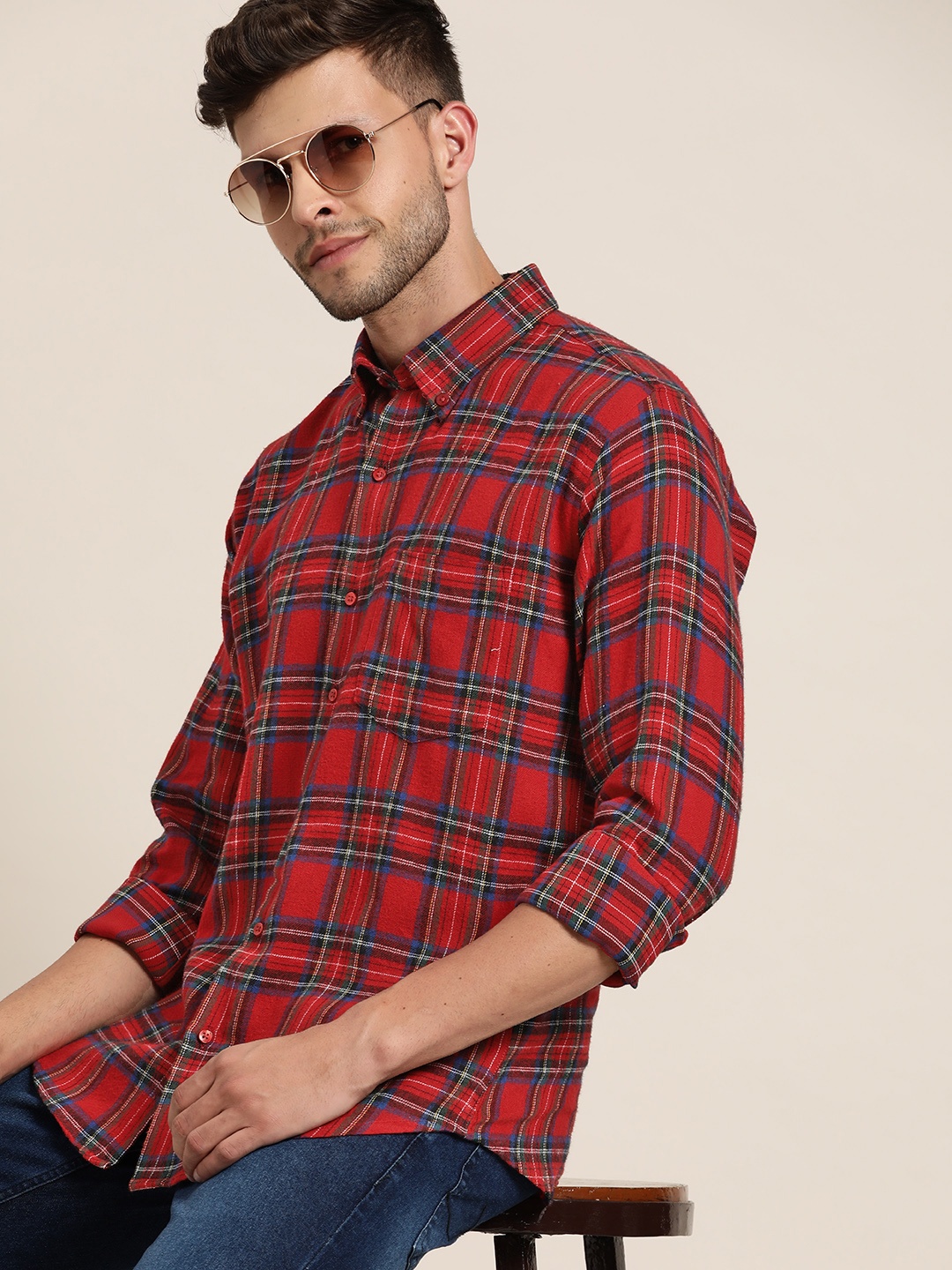 

Hancock Men Red Slim Fit Tartan Checks Checked Pure Cotton Flannel Casual Shirt