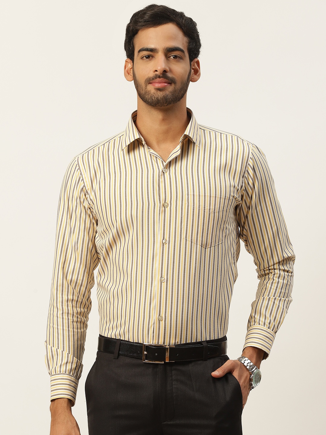 

English Navy Men White Slim Fit Striped Formal Shirt