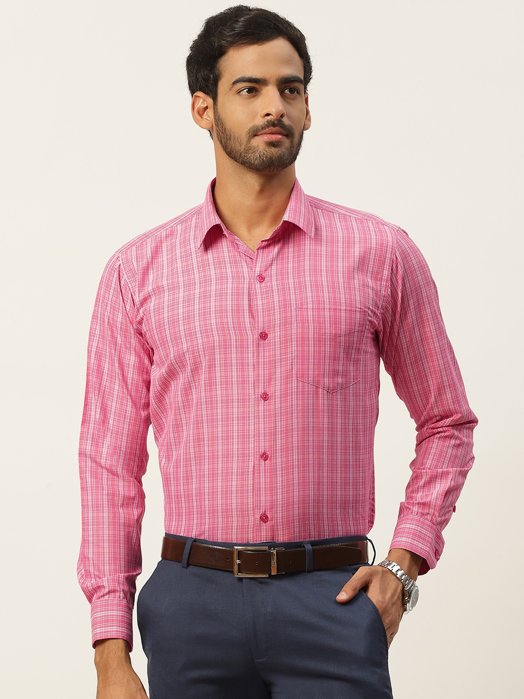 

English Navy Men Coral Pink Slim Fit Checked Formal Shirt