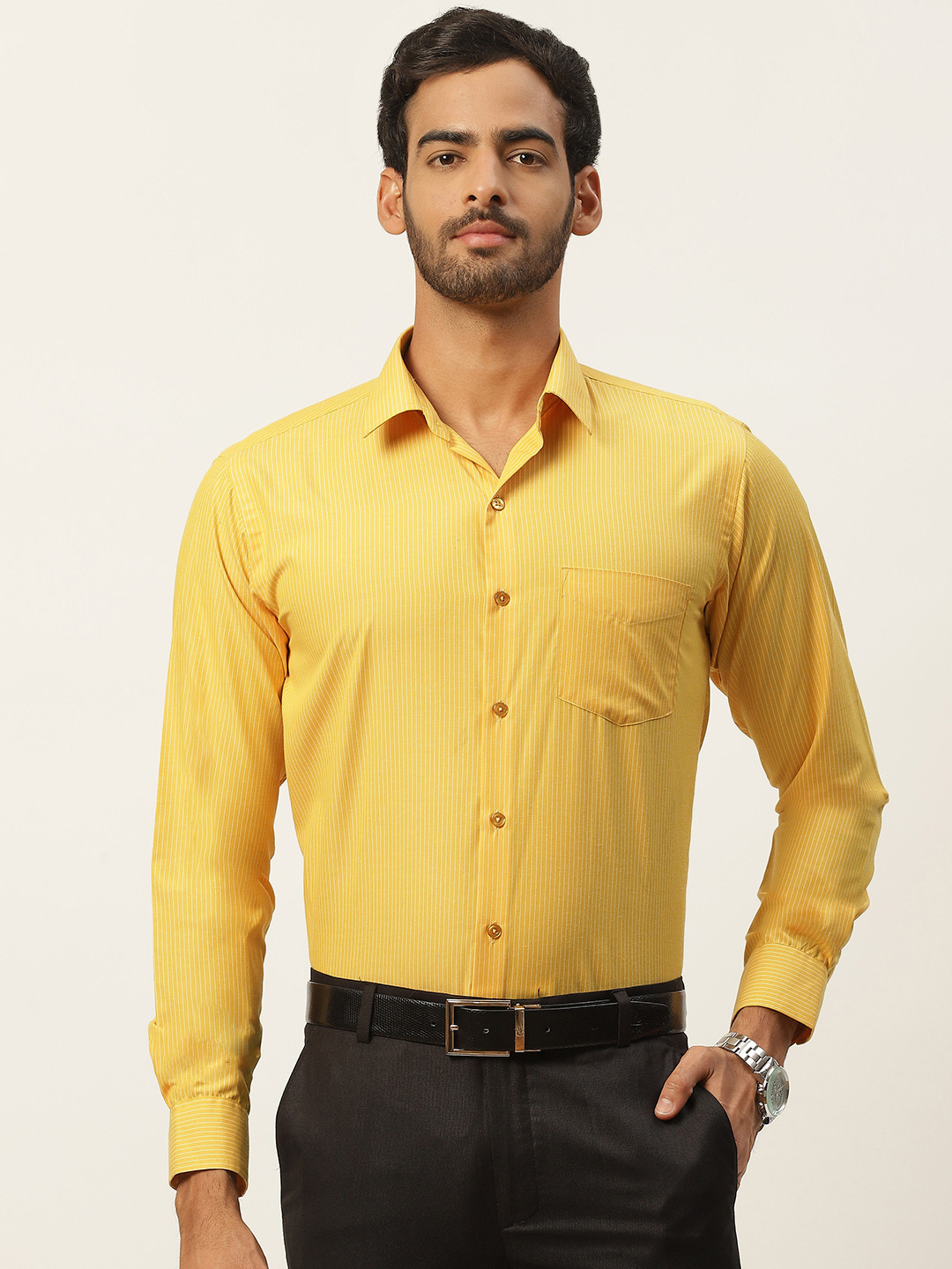 

English Navy Men Yellow Slim Fit Striped Formal Shirt