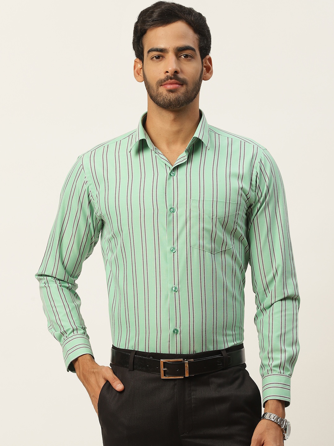 

English Navy Men Green Slim Fit Striped Formal Shirt