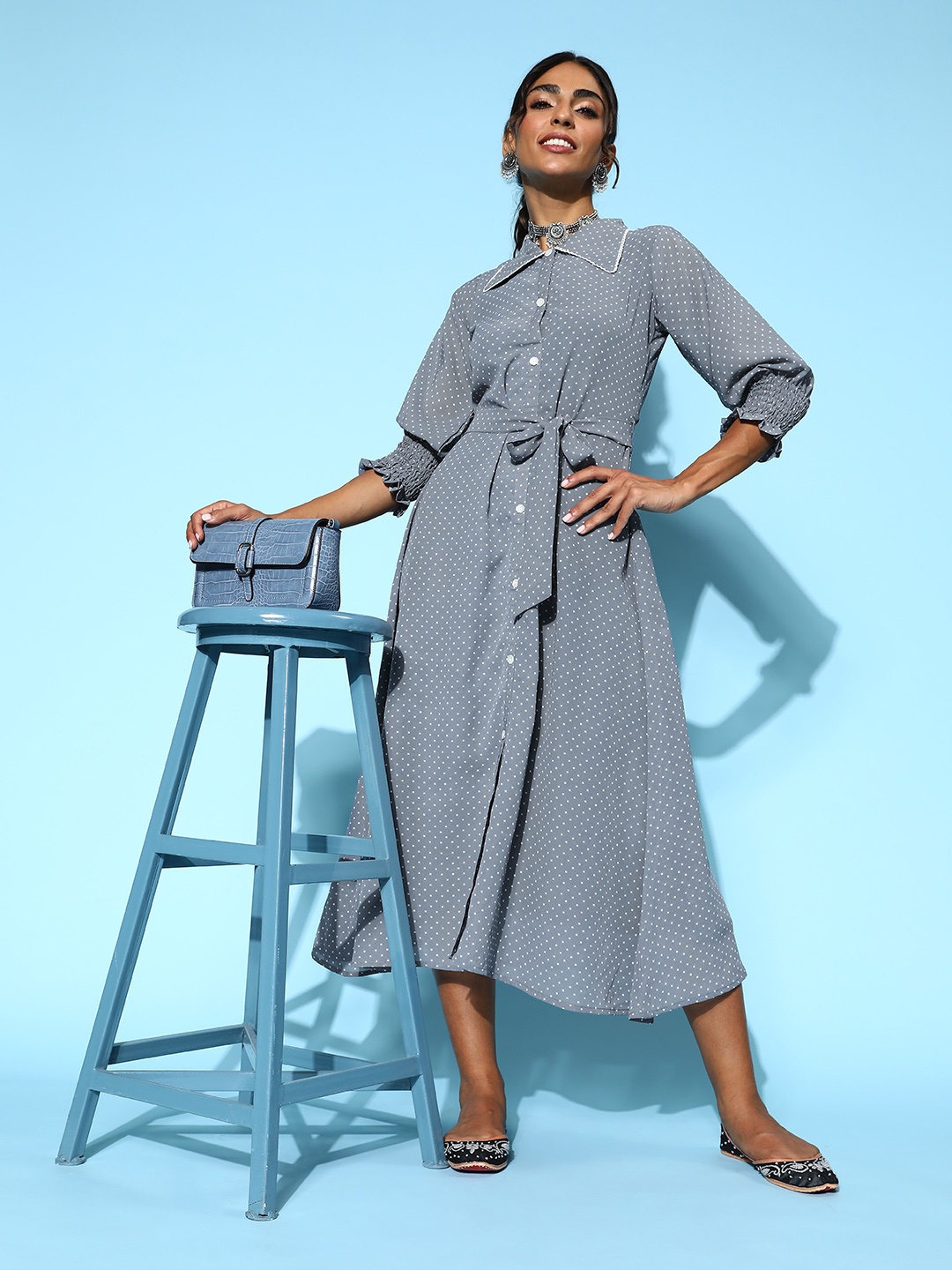 

Kvsfab Women Grey Polka Dotted Statement Collar Dress