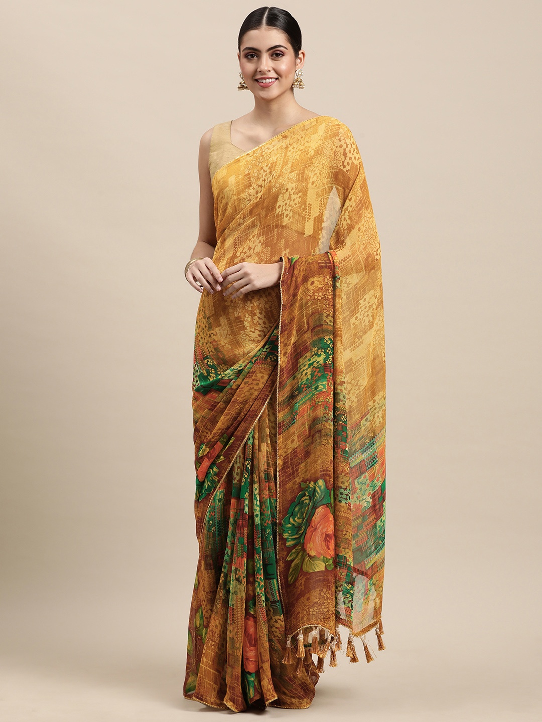 

Mitera Yellow & Green Pure Georgette Saree