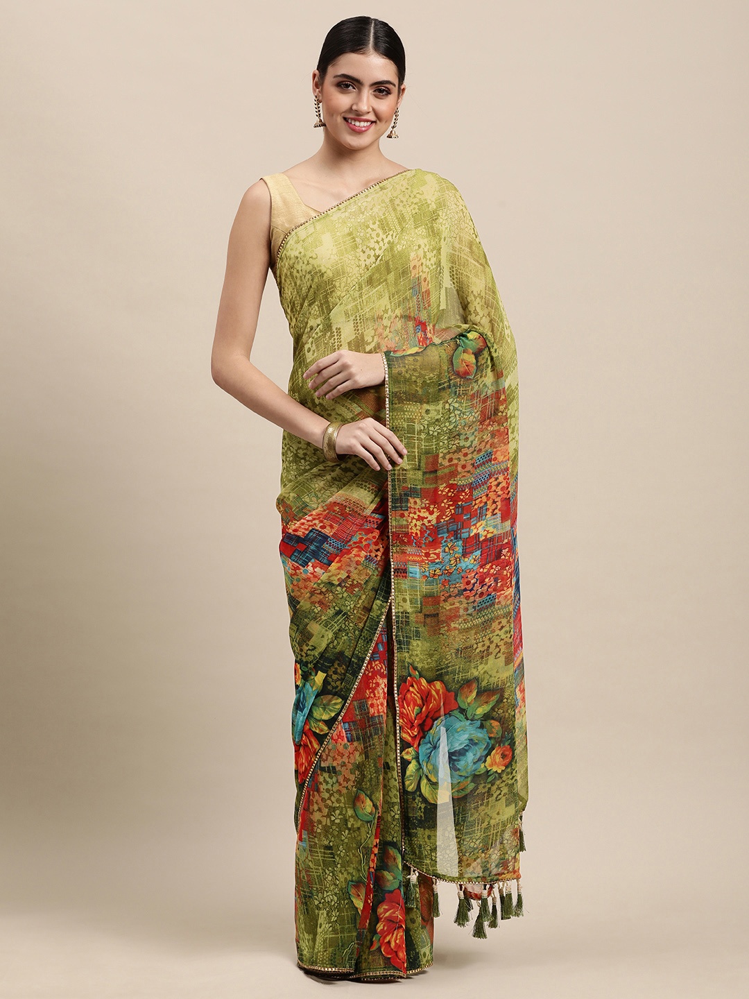 

Mitera Olive Green & Red Pure Georgette Saree