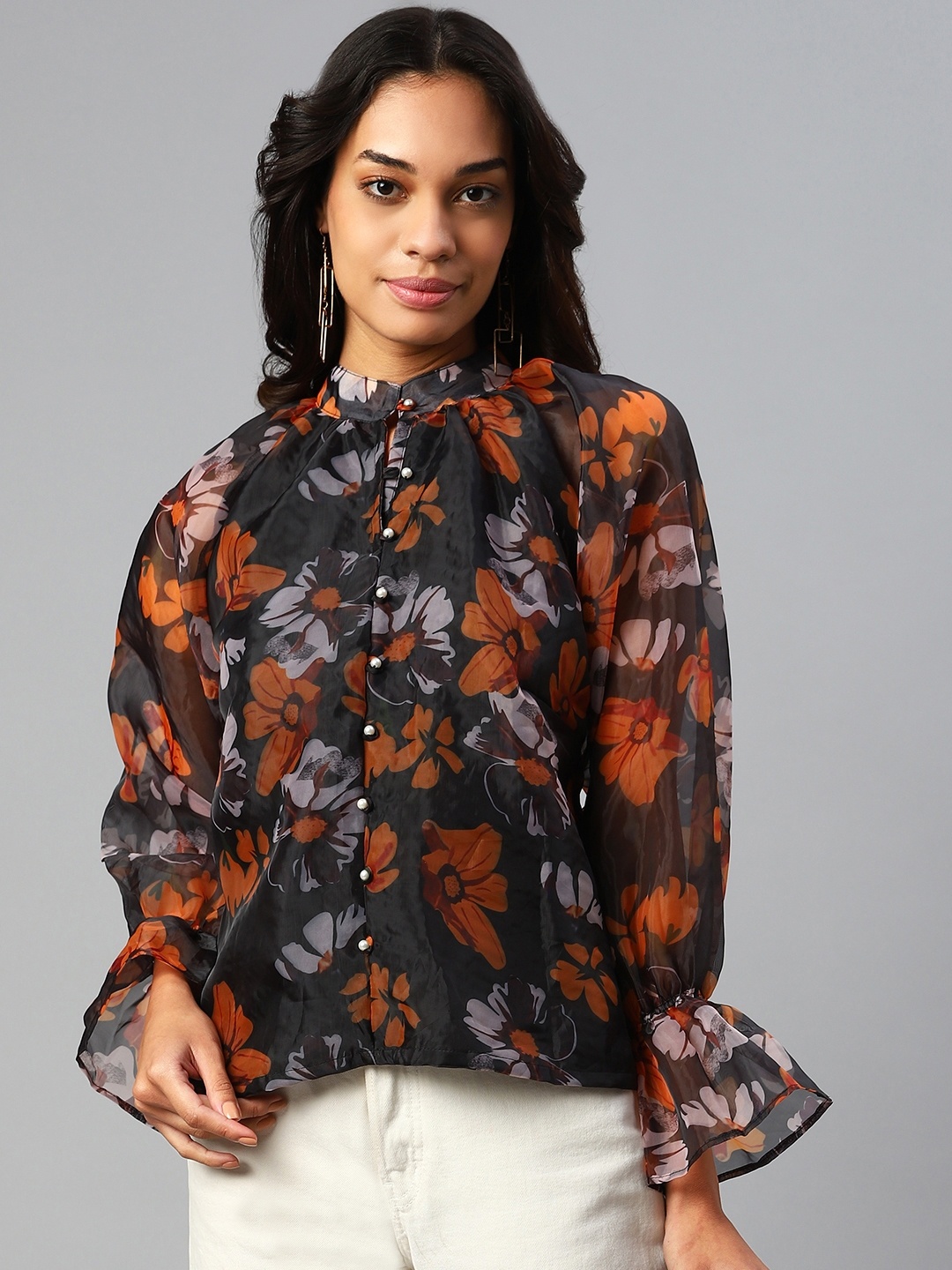 

plusS Black & Orange Floral Print Mandarin Collar Top