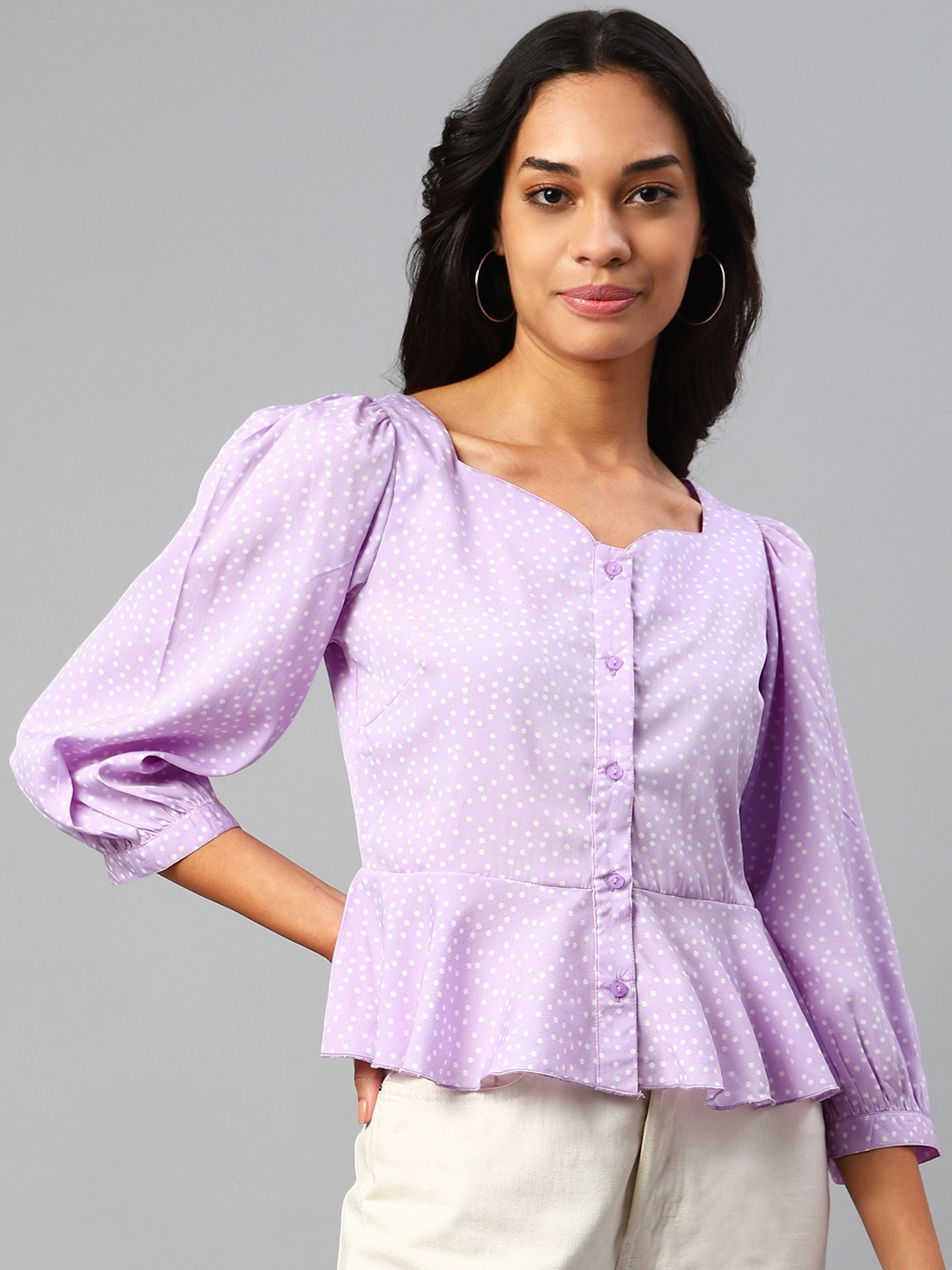 

plusS Lavender & White Polka Dots Print Sweetheart Neck Peplum Top