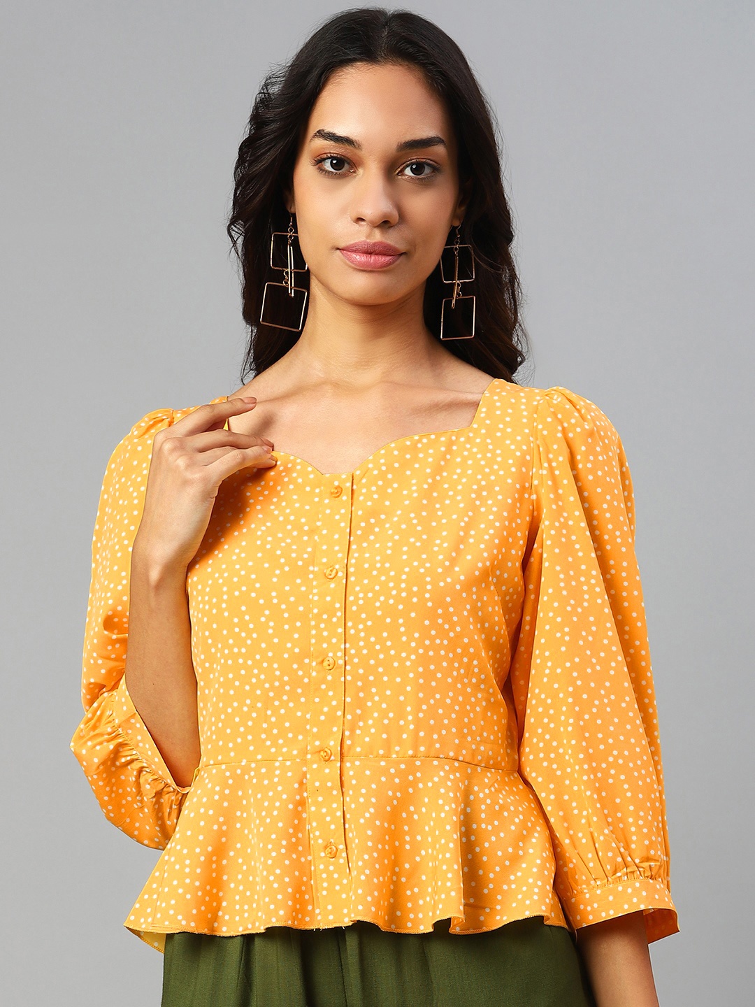 

plusS Yellow & White Polka Dots Print Sweetheart Neck Peplum Top