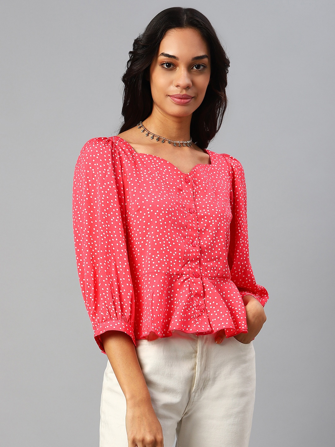 

plusS Pink & White Polka Dots Print Sweetheart Neck Peplum Top