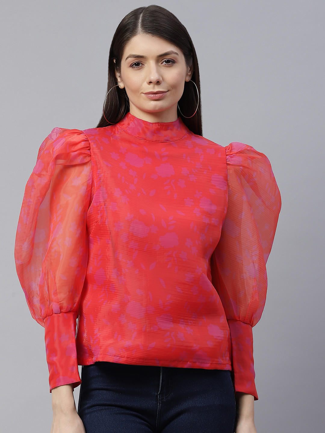 

plusS Coral Red Mandarin Collar Top