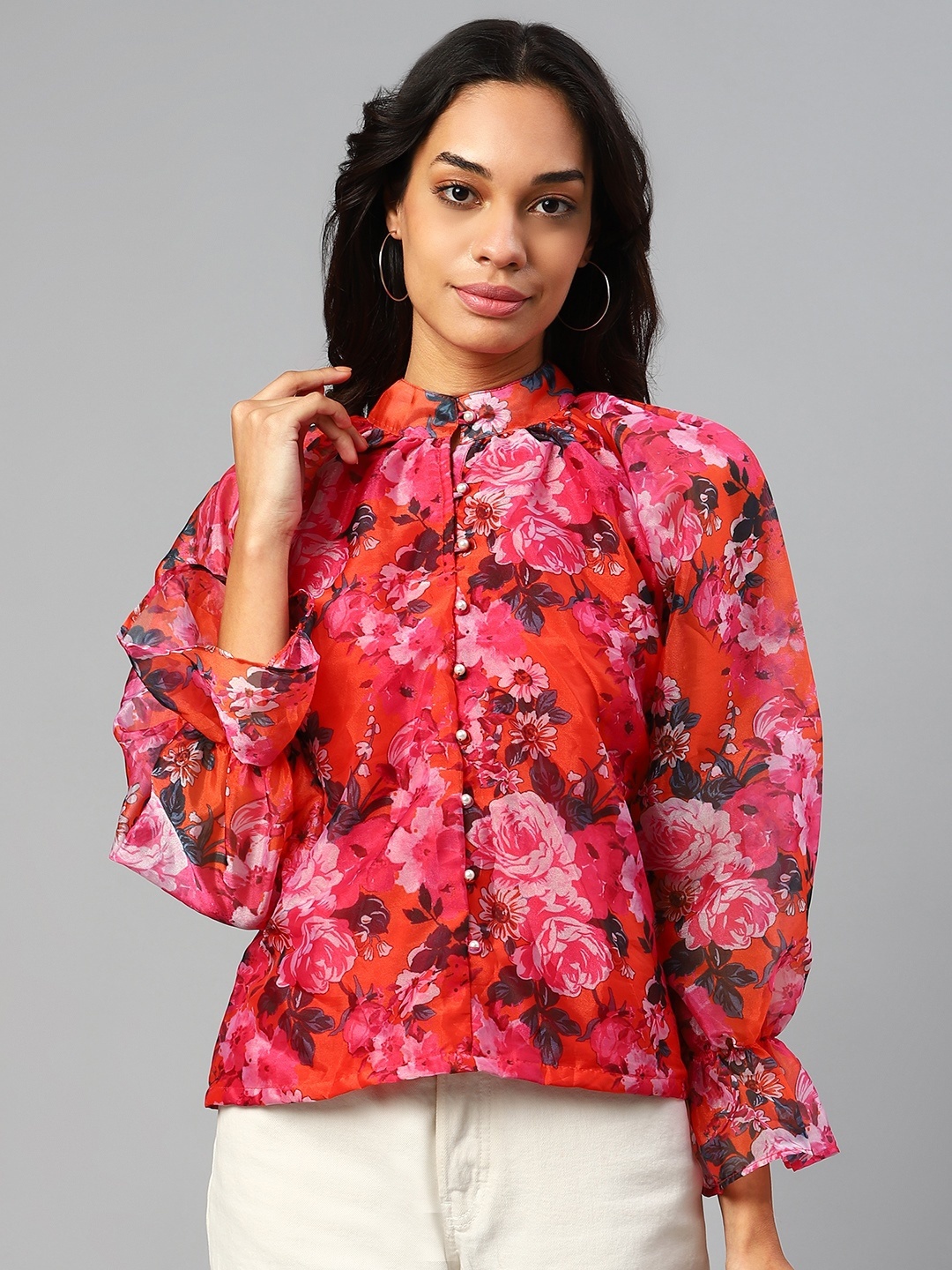 

plusS Pink Floral Print Mandarin Collar Bell Sleeves Top