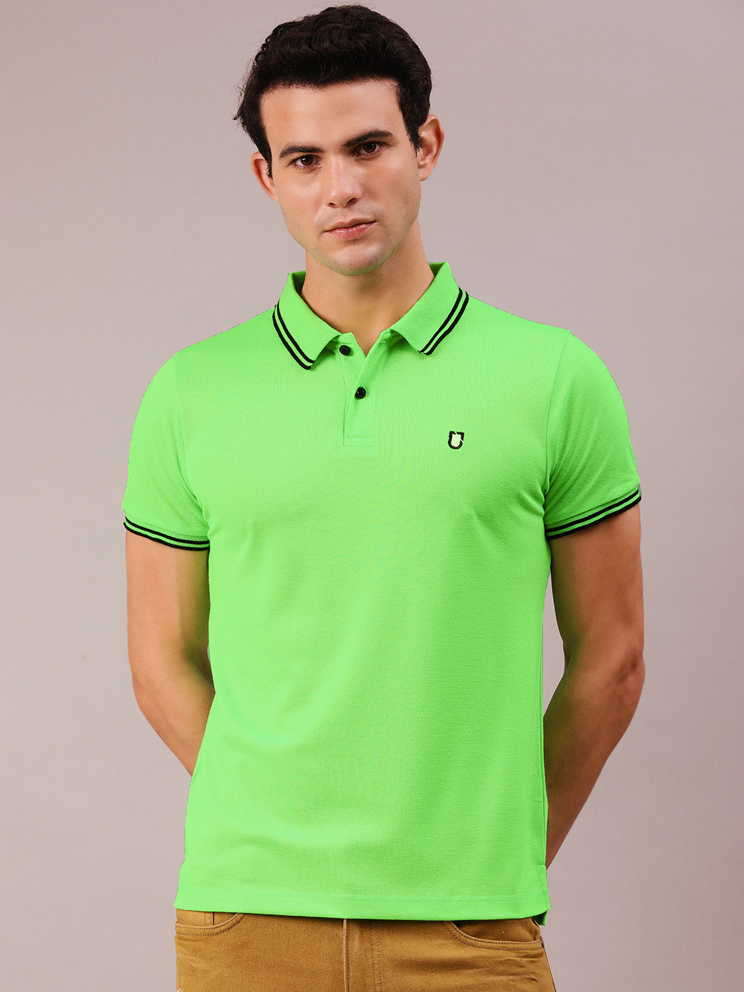

Urbano Fashion Men Fluorescent Green Polo Collar Slim Fit T-shirt