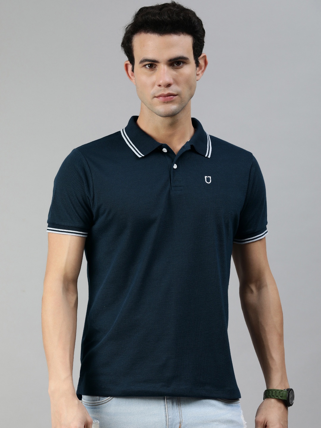 

Urbano Fashion Men Navy Blue Polo Collar Slim Fit T-shirt