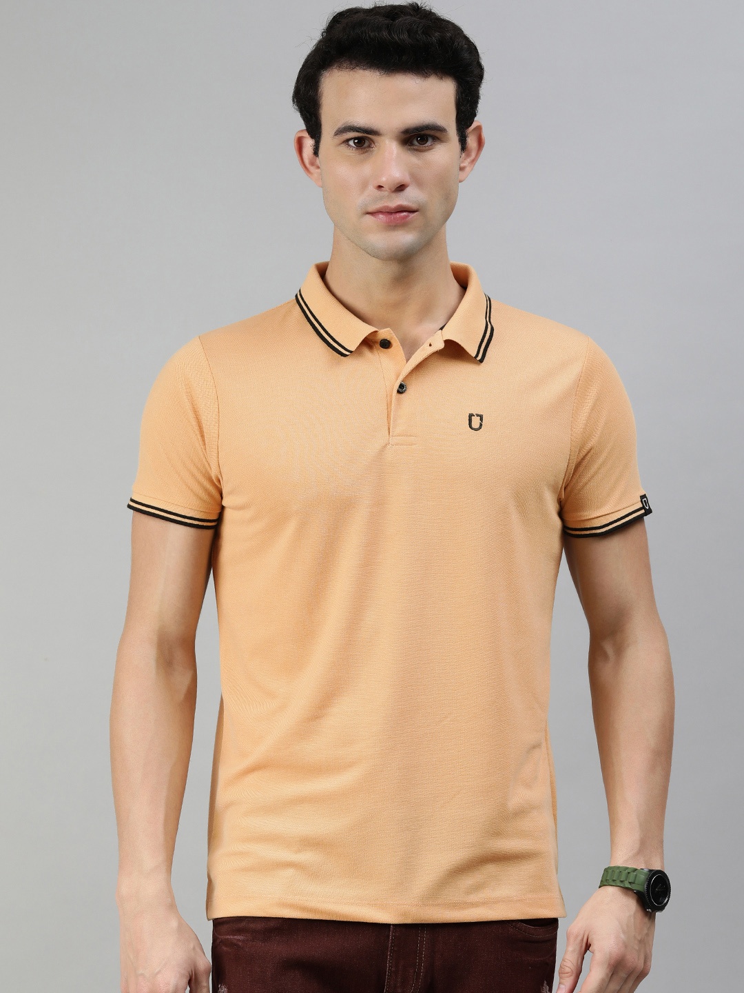 

Urbano Fashion Men Beige Polo Collar Slim Fit T-shirt
