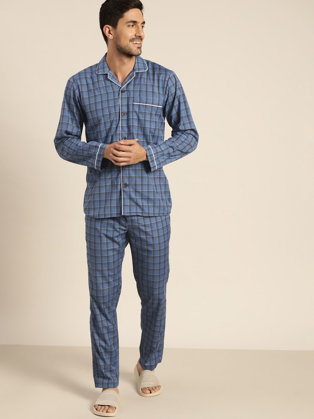 

Hancock Men Blue Pure Cotton Checked Nightsuit
