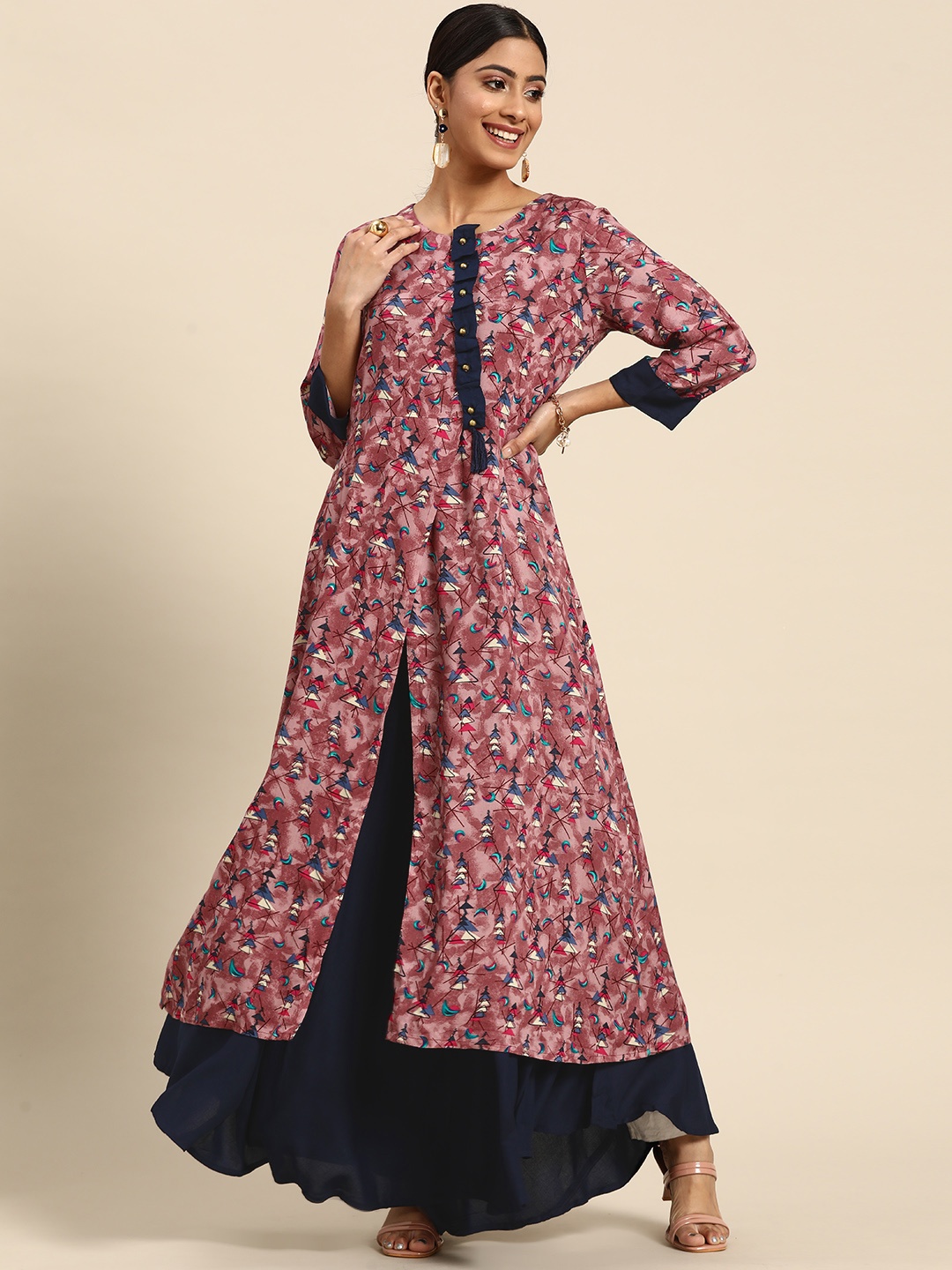 

Sangria Women Magenta & Navy Blue Geometric Printed Layered Anarkali Kurta