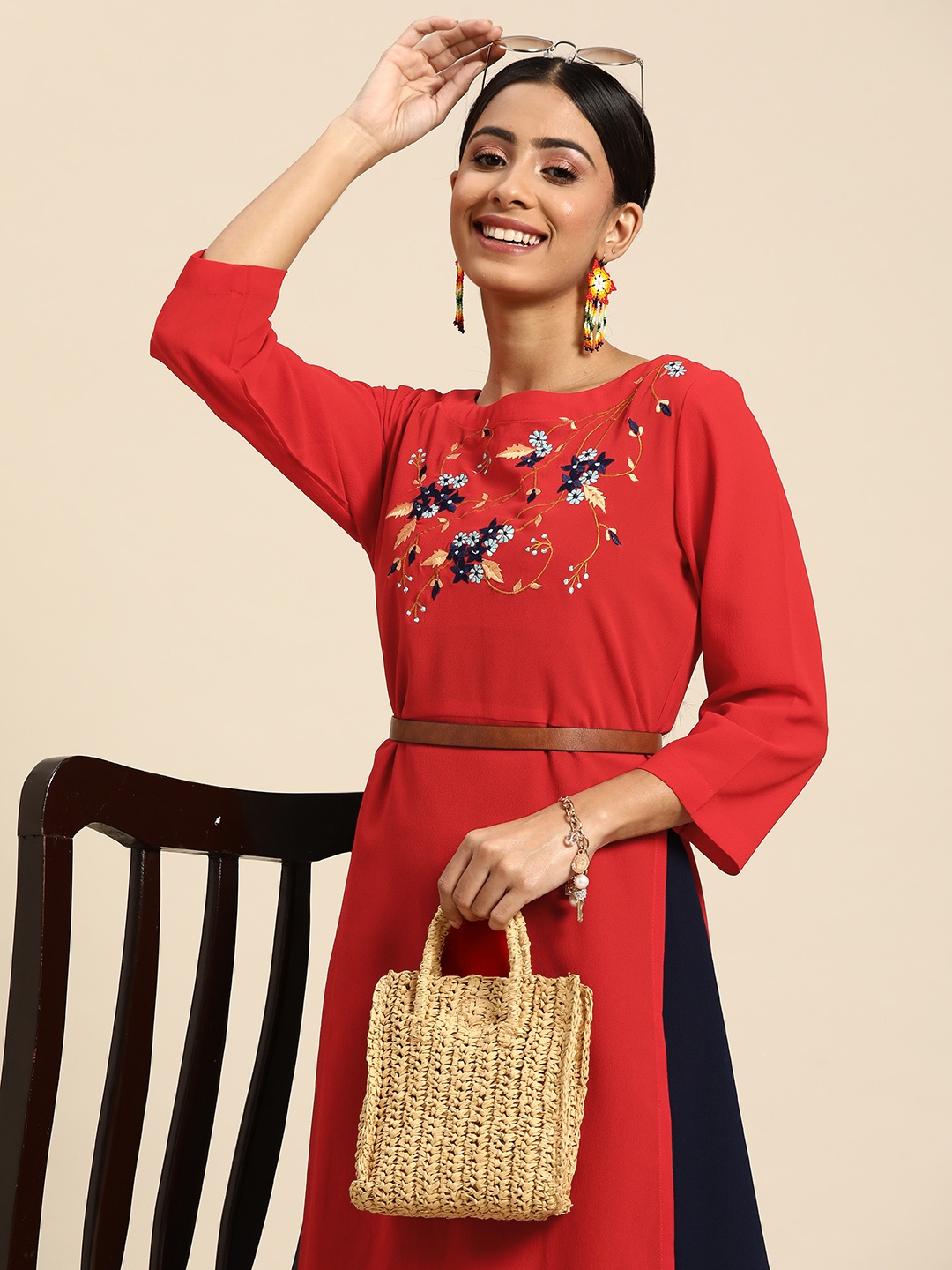 

Sangria Women Red & Navy Blue Ethnic Motifs Embroidered Layered Kurta