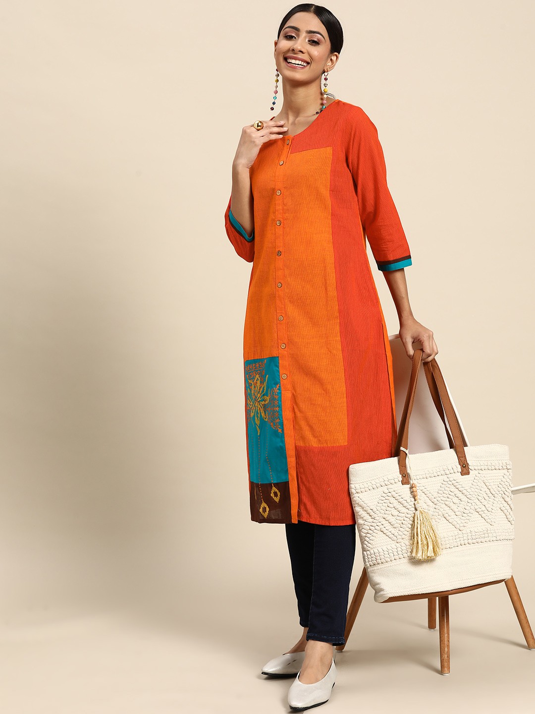 

Sangria Women Orange & Turquoise Blue Colourblocked Cotton Kurta
