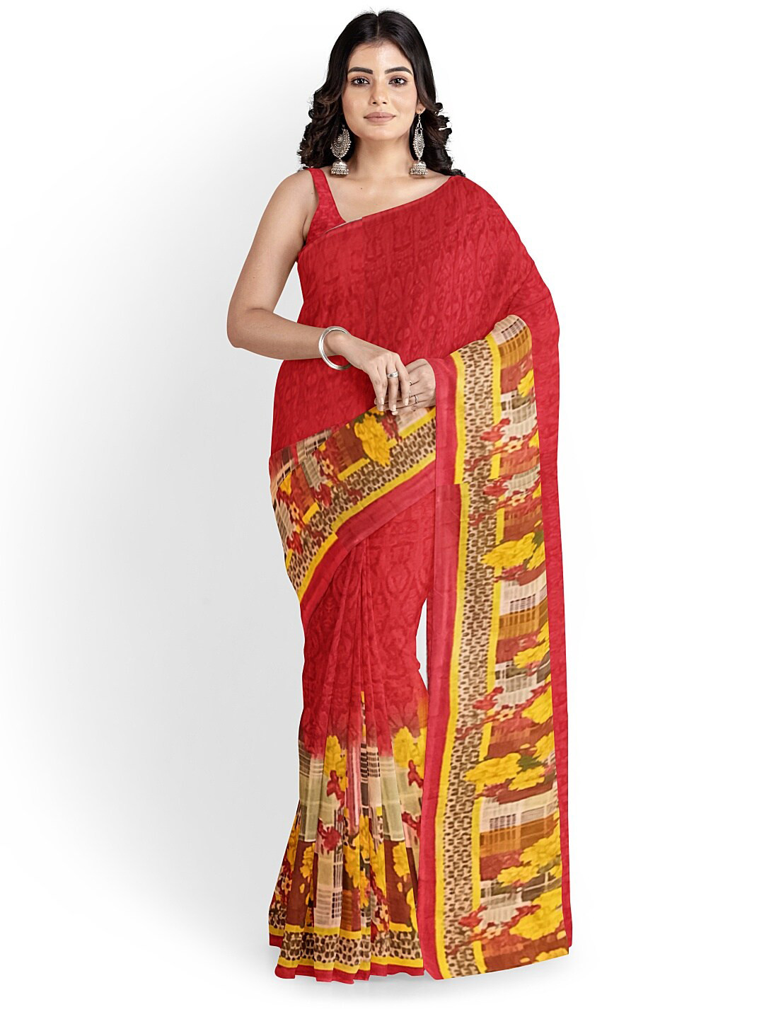 

KALINI Women Red & Yellow Floral Printed Pure Georgette Fusion Saree