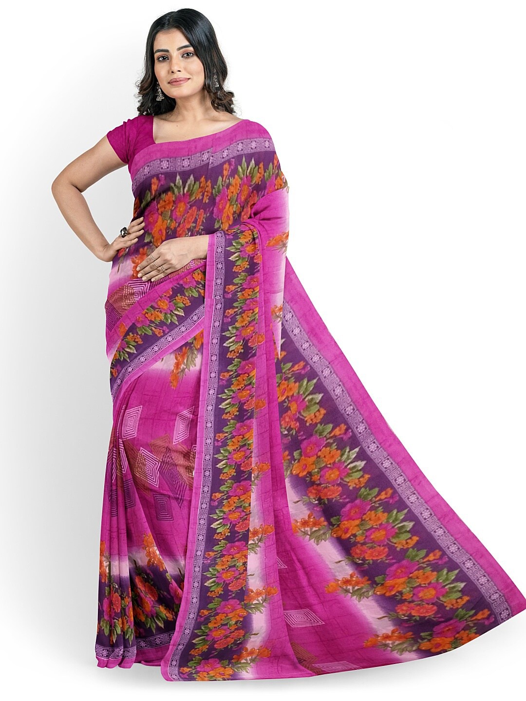 

KALINI Women Pink Floral Pure Georgette Dharmavaram Saree