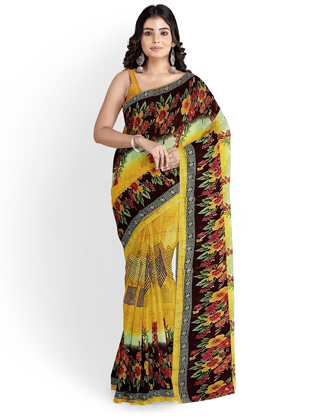 KALINI Yellow & Brown Floral Pure Georgette Fusion Dharmavaram Saree