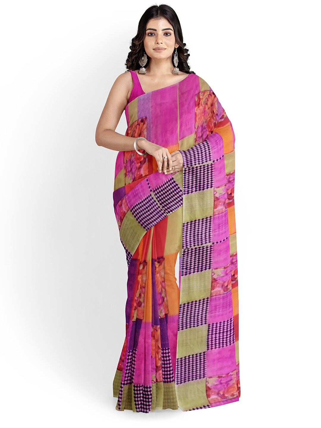 

KALINI Pink & Yellow Ethnic Motifs Pure Georgette Fusion Dharmavaram Saree