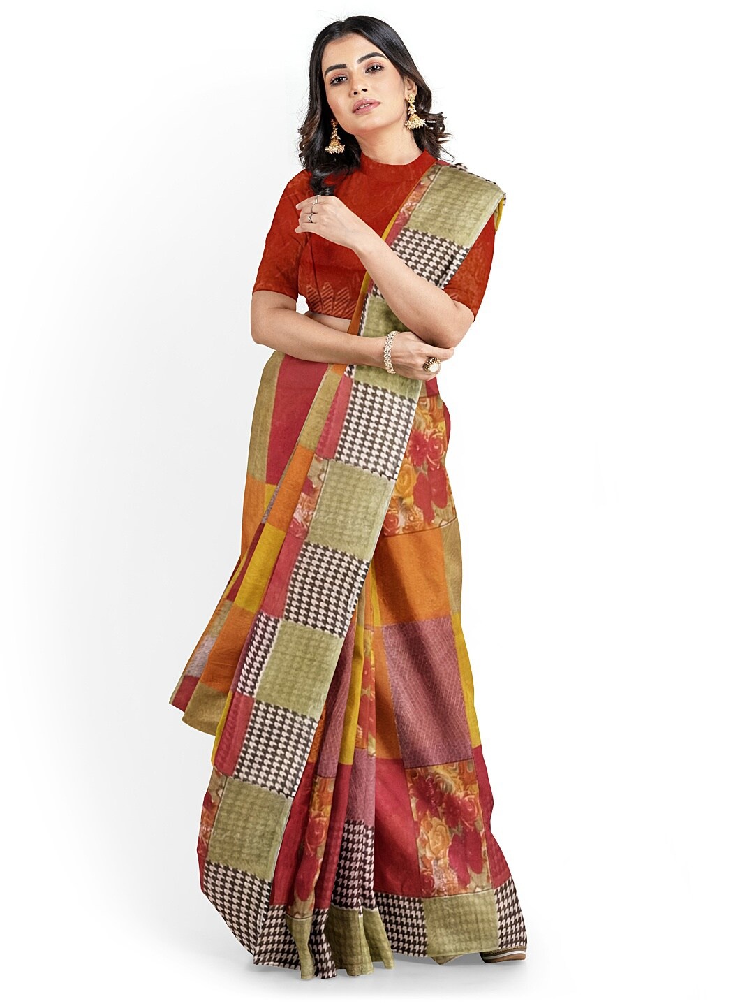 

KALINI Red & Yellow Ethnic Motifs Pure Georgette Fusion Dharmavaram Saree