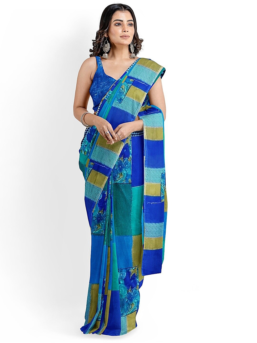 

KALINI Blue & Beige Ethnic Motifs Pure Georgette Fusion Dharmavaram Saree