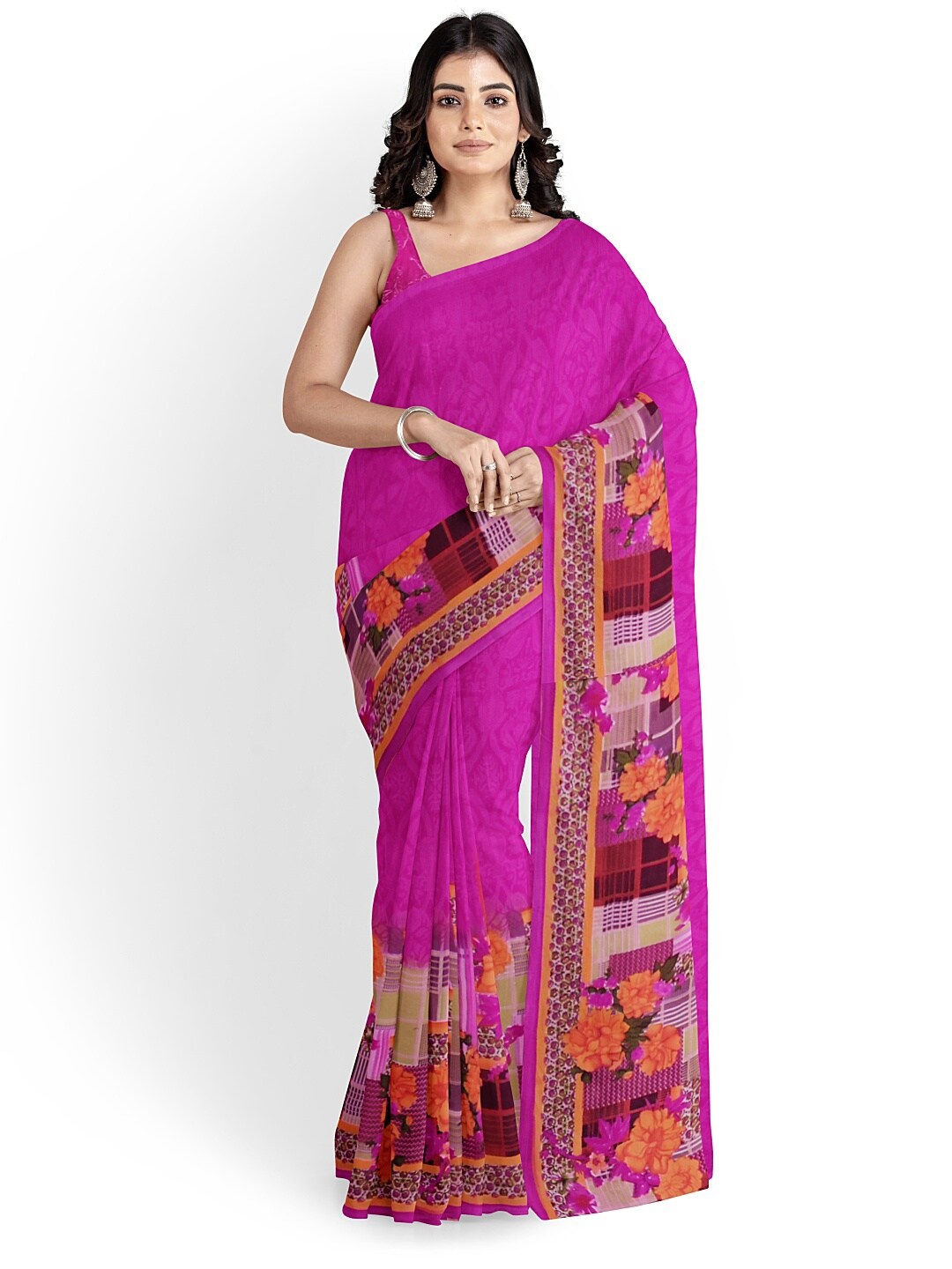 KALINI Pink & Orange Floral Pure Georgette Fusion Dharmavaram Saree