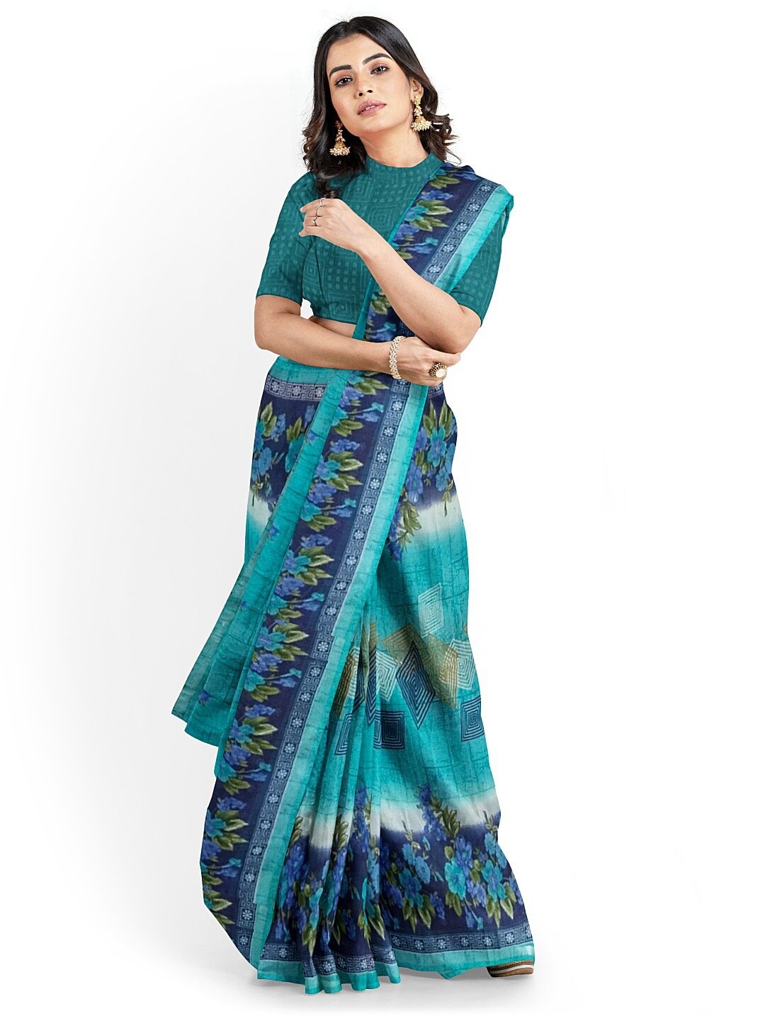 

KALINI Green & Blue Floral Pure Georgette Fusion Saree