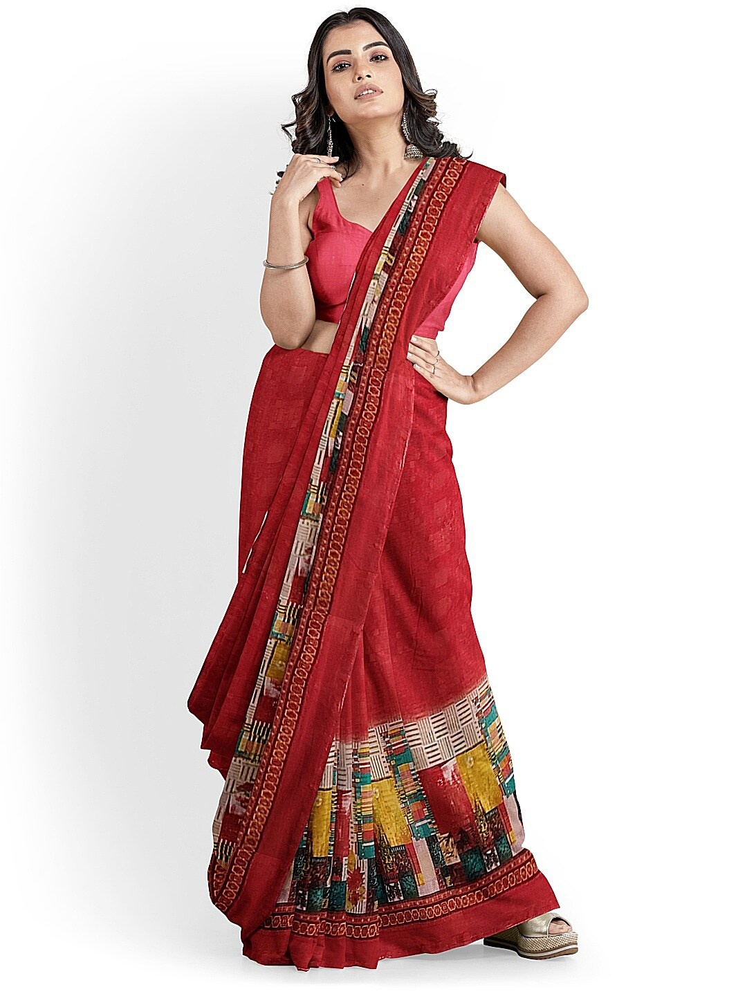 

KALINI Red Printed Pure Georgette Fusion Dharmavaram Saree