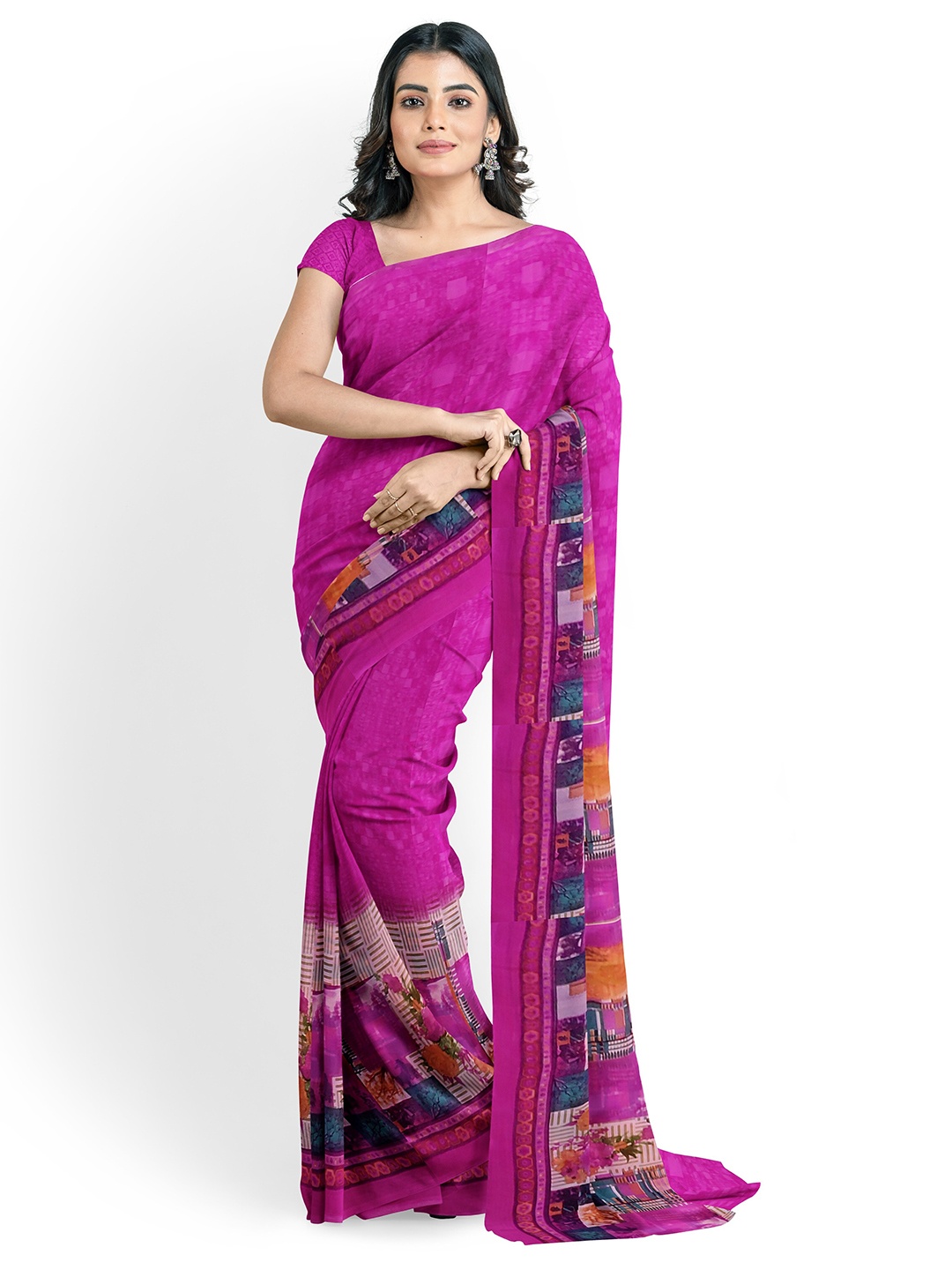 

KALINI Women Pink Abstract Printed Pure Georgette Fusion Saree