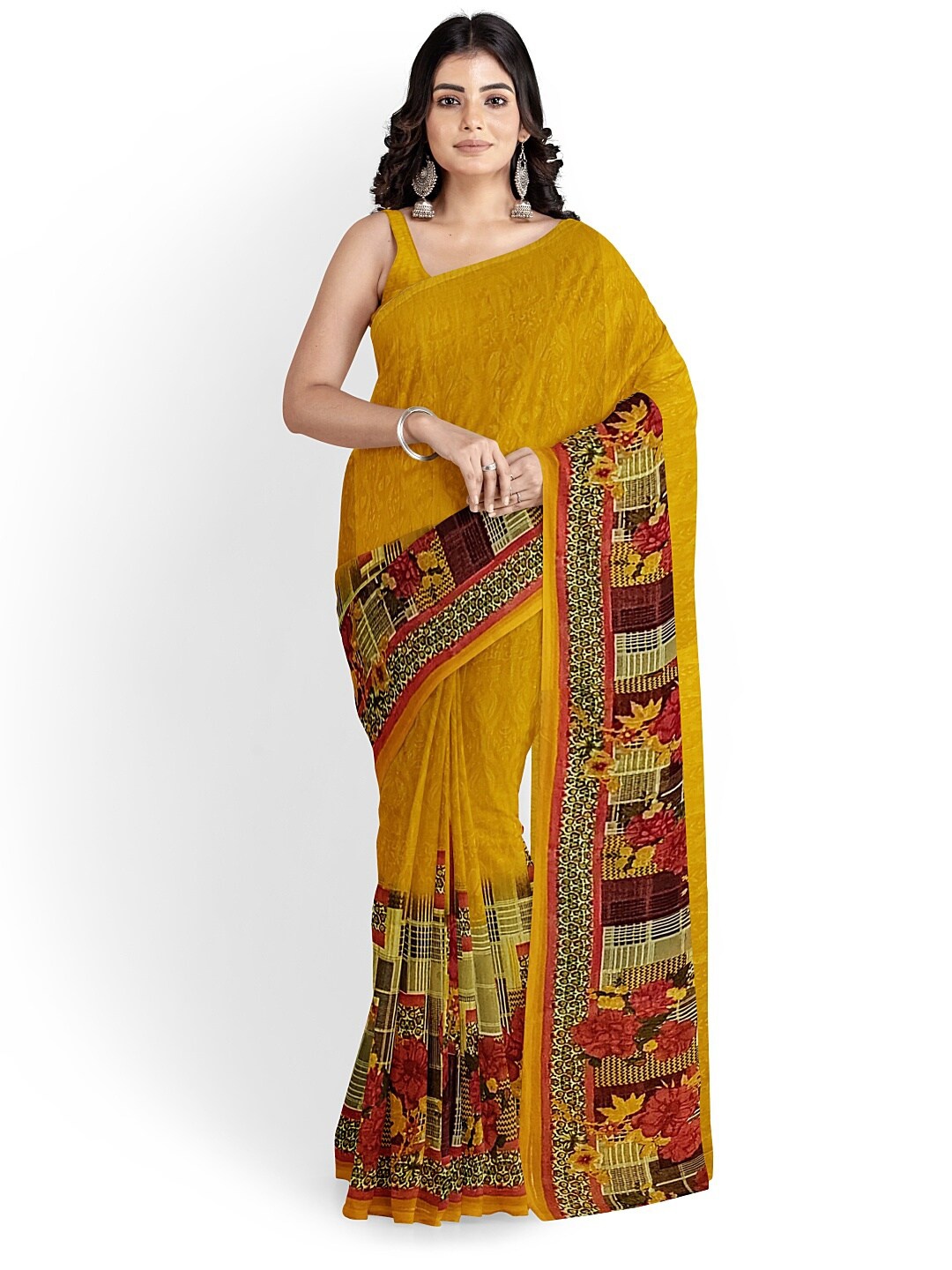 

KALINI Yellow & Red Floral Pure Georgette Fusion Dharmavaram Saree
